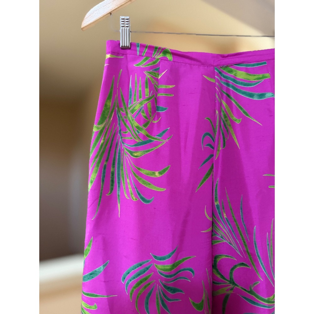 Vintage Womens Y2K Patchington 100%Silk Tropical Palm Print Pants Pink Coastal 8 - Picture 2 of 5